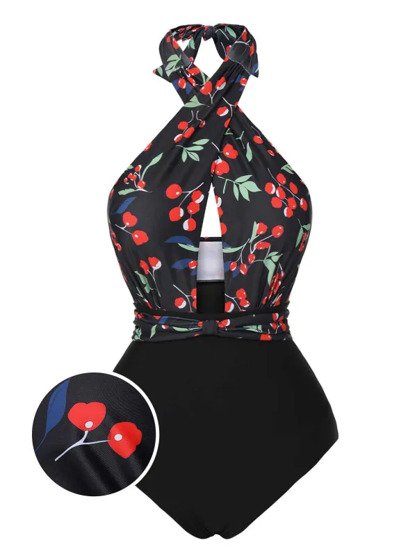 Black 1950s Cross Halter Cherry Swimsuit sold by Retro Stage