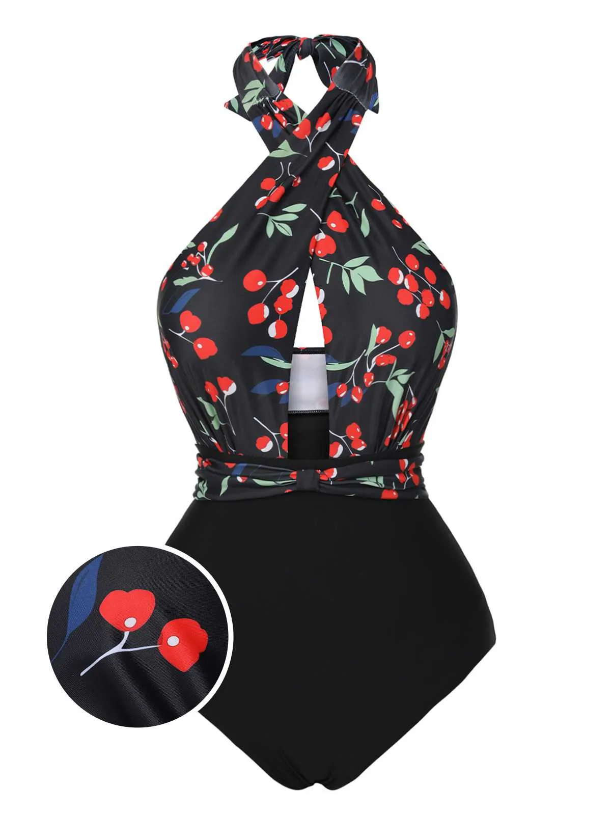 Black 1950s Cross Halter Cherry Swimsuit sold by Retro Stage