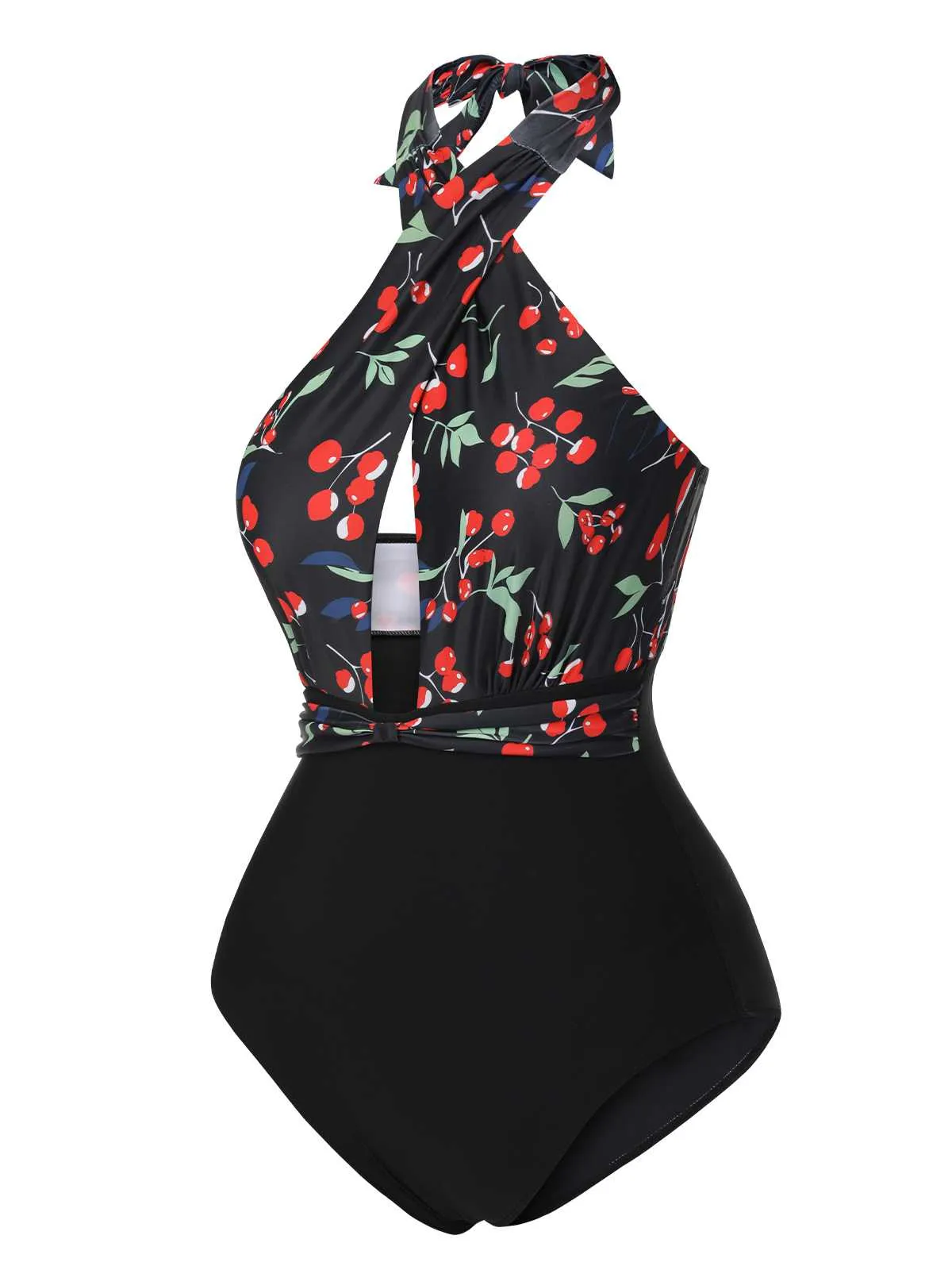 Black 1950s Cross Halter Cherry Swimsuit sold by Retro Stage product image thumbnail 3