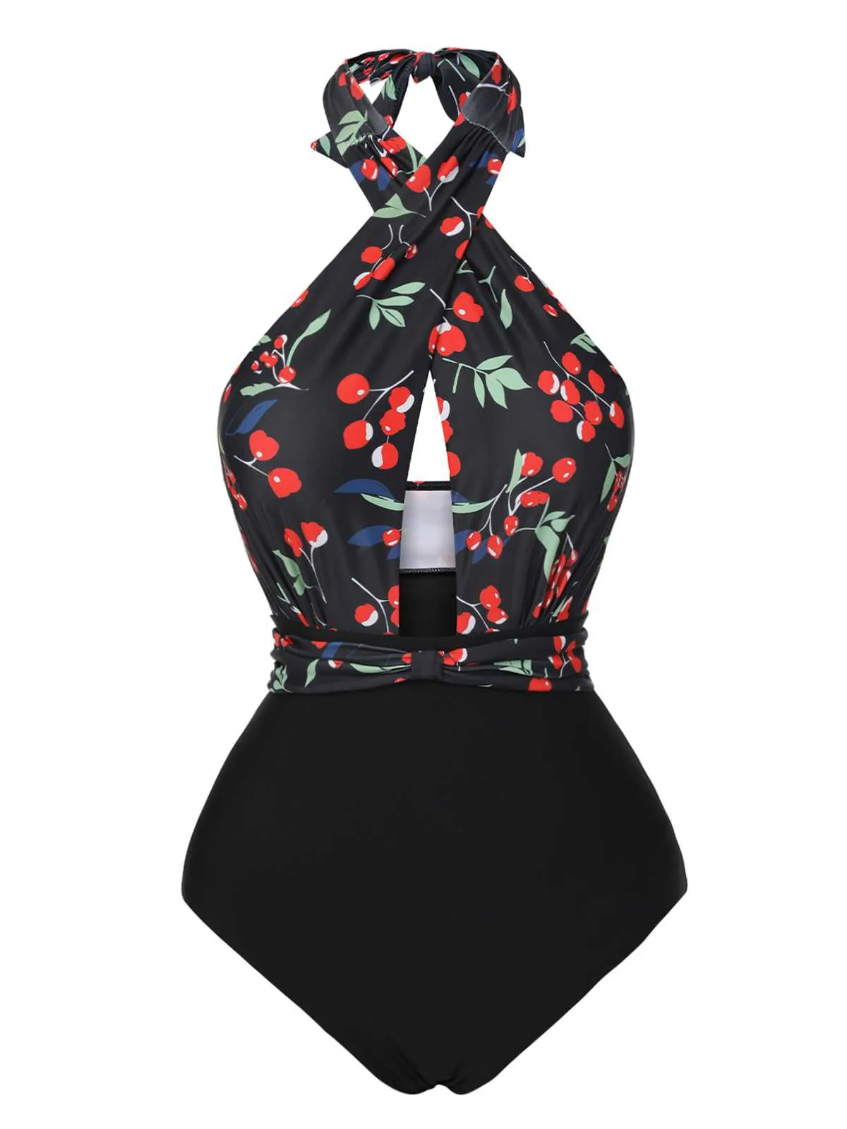 Black 1950s Cross Halter Cherry Swimsuit sold by Retro Stage product image thumbnail 2