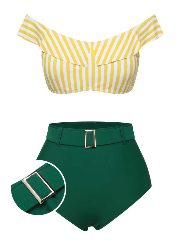 Multicolor 1930s Off-Shoulder Stripes Swimsuit sold by Retro Stage