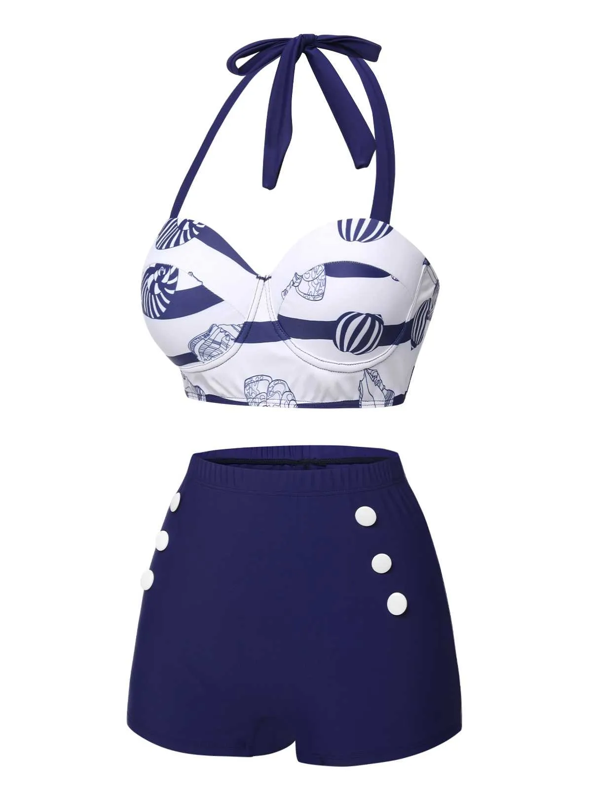 Dark Blue 1940s Halter Ocean Stripes Swimsuit sold by Retro Stage product image thumbnail 3
