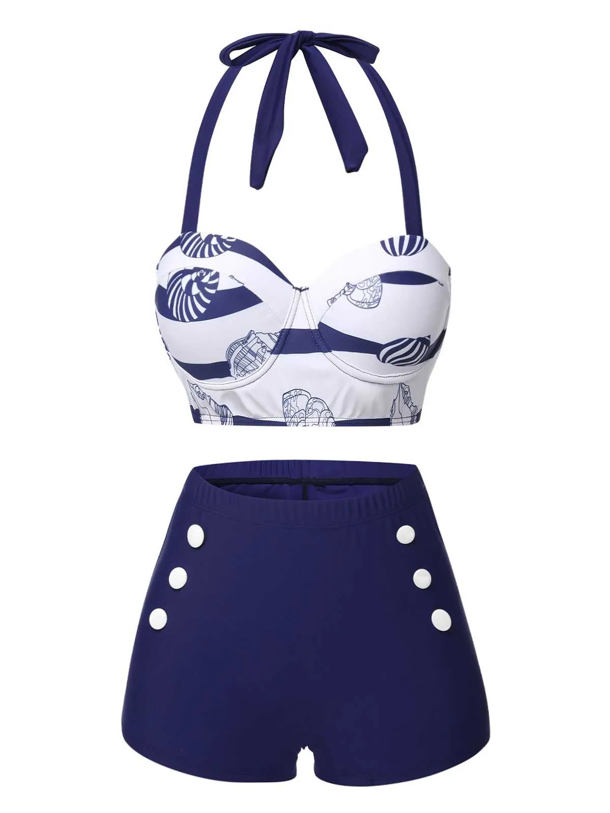 Dark Blue 1940s Halter Ocean Stripes Swimsuit sold by Retro Stage product image thumbnail 2