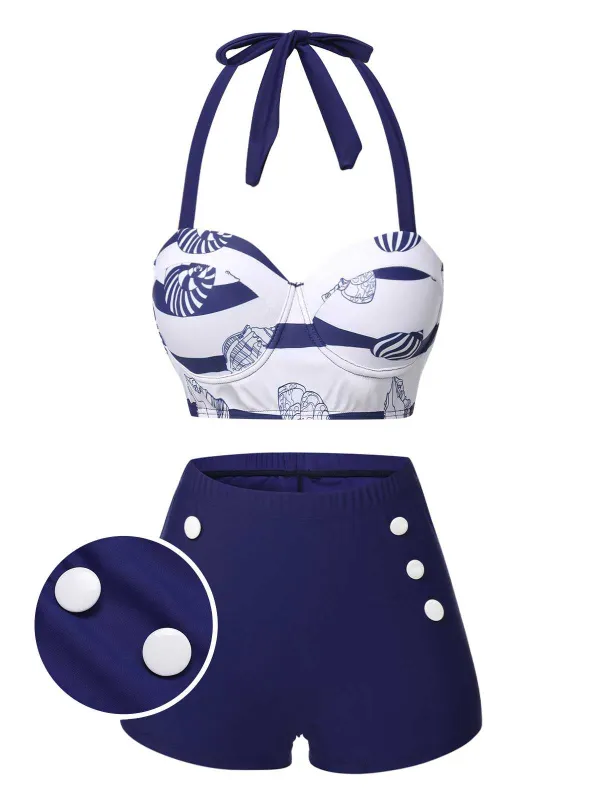 Dark Blue 1940s Halter Ocean Stripes Swimsuit sold by Retro Stage