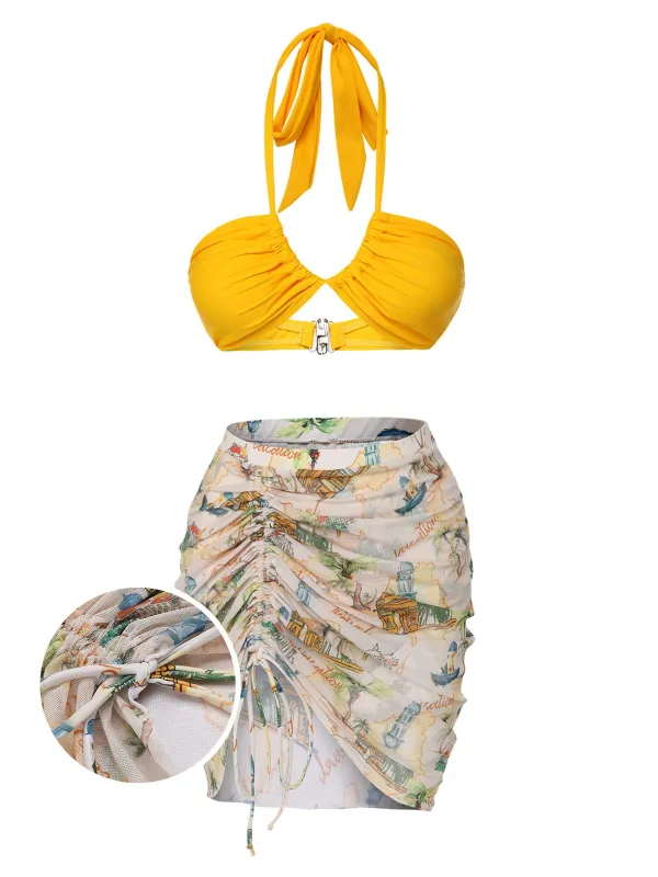 2PCS Yellow 1970s Retro Architectural Pattern Swimsuit & Cover-Up sold by Retro Stage