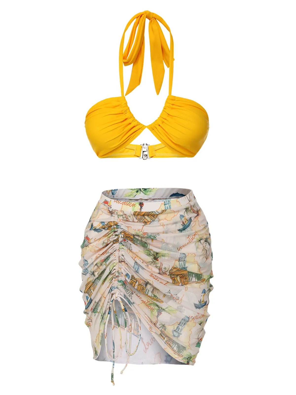 2PCS Yellow 1970s Retro Architectural Pattern Swimsuit & Cover-Up sold by Retro Stage product image thumbnail 4