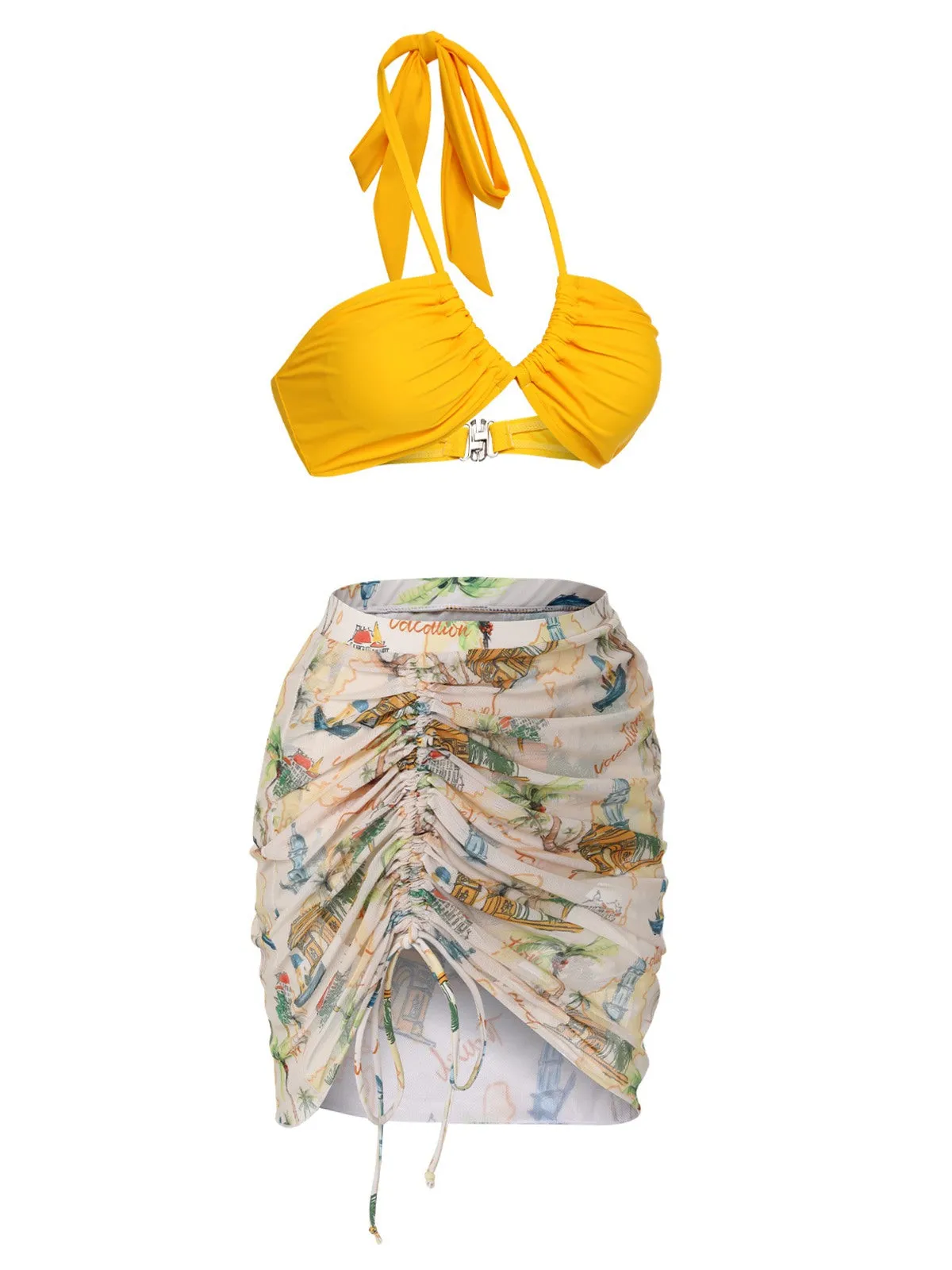 2PCS Yellow 1970s Retro Architectural Pattern Swimsuit & Cover-Up sold by Retro Stage product image thumbnail 2