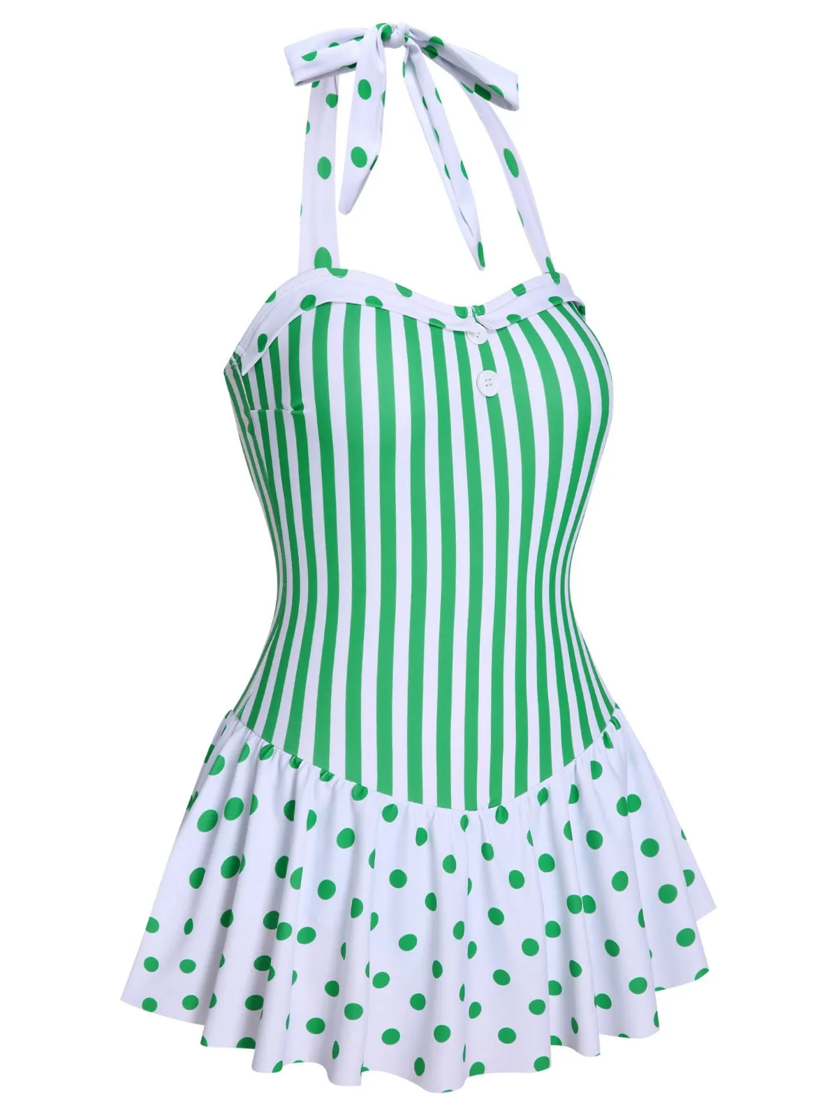 Green 1940s Polka Dots Stripes Halter Swimsuit sold by Retro Stage product image thumbnail 3