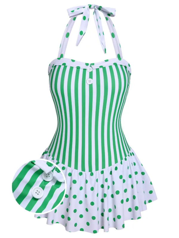 Green 1940s Polka Dots Stripes Halter Swimsuit sold by Retro Stage