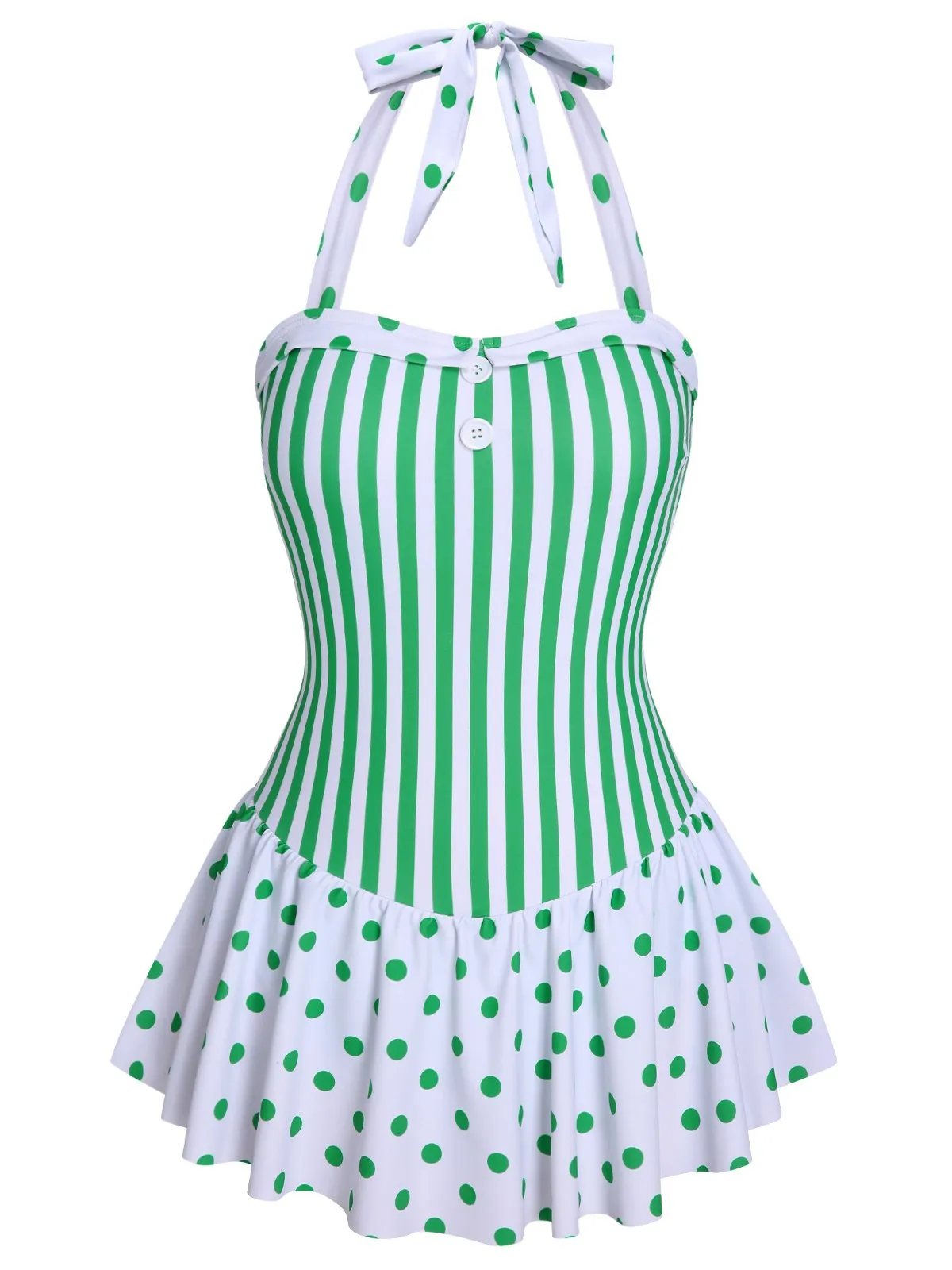 Green 1940s Polka Dots Stripes Halter Swimsuit sold by Retro Stage product image thumbnail 2