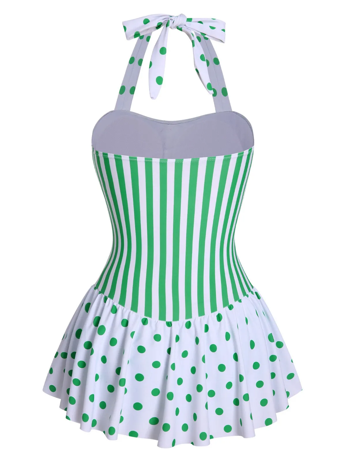 Green 1940s Polka Dots Stripes Halter Swimsuit sold by Retro Stage product image thumbnail 4