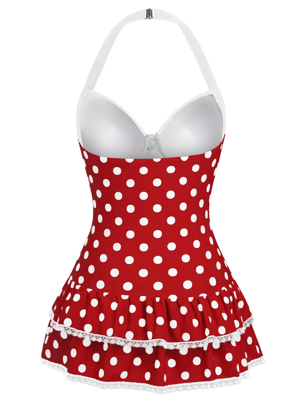 Red 1940s Polka Dots Halter One-Piece Swimsuit sold by Retro Stage product image thumbnail 2