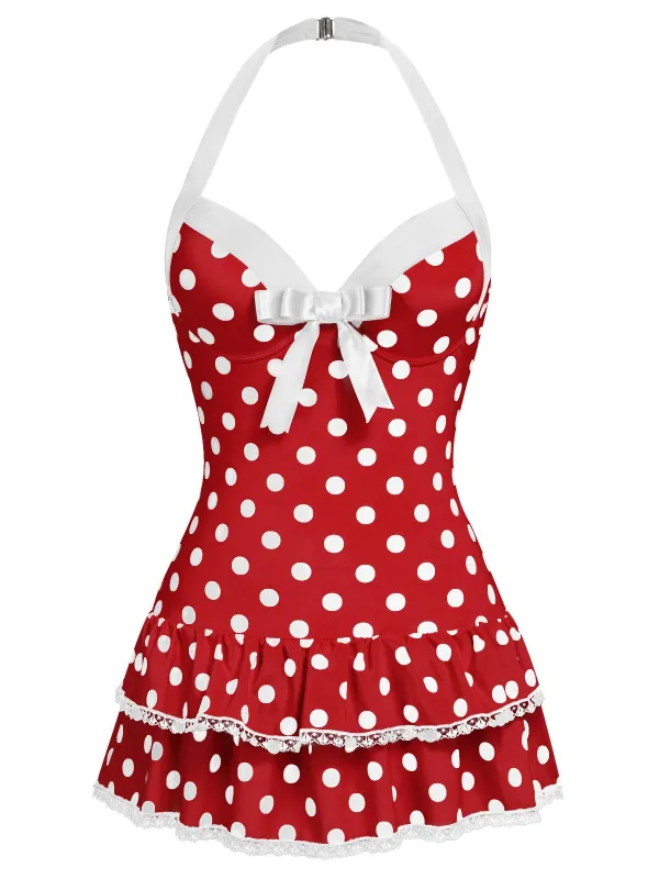 Red 1940s Polka Dots Halter One-Piece Swimsuit sold by Retro Stage