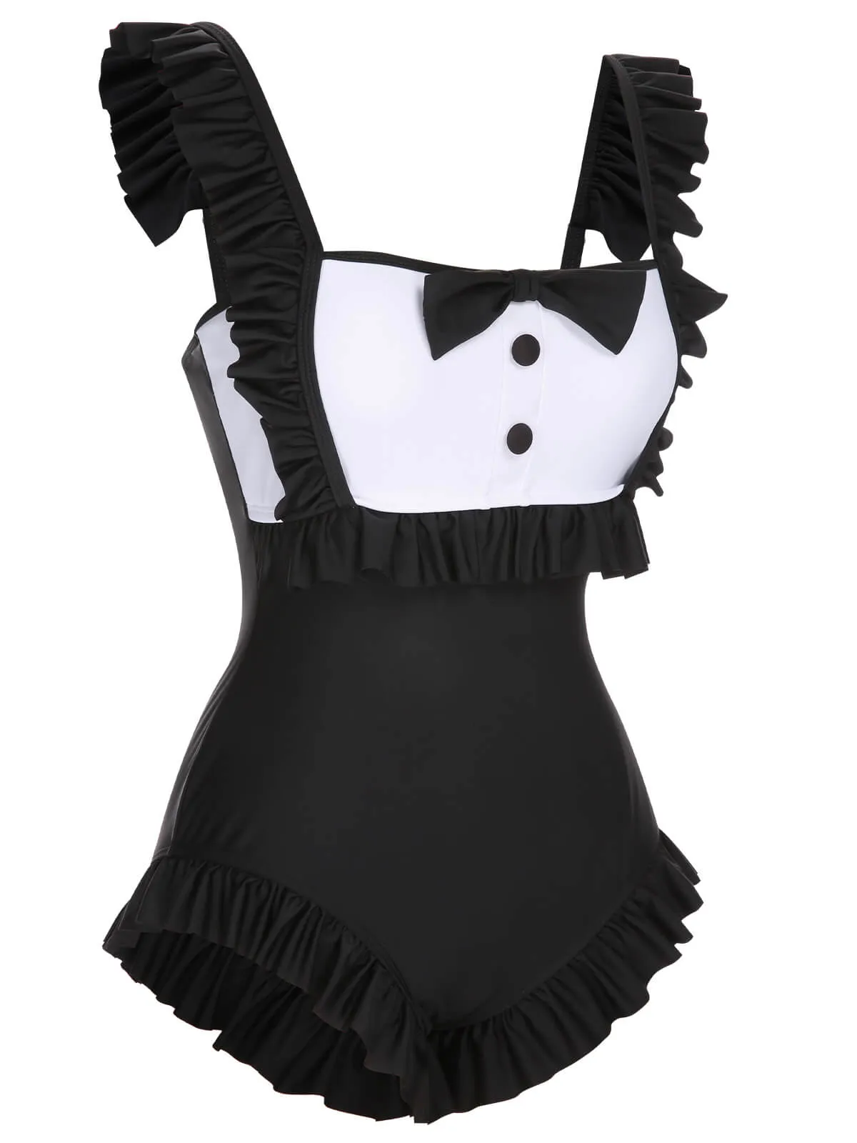 Black 1960s Tuxedo Ruffle Strap Swimsuit sold by Retro Stage product image thumbnail 3