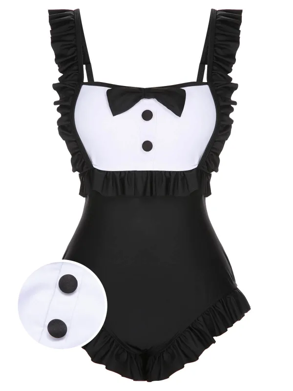 Black 1960s Tuxedo Ruffle Strap Swimsuit sold by Retro Stage