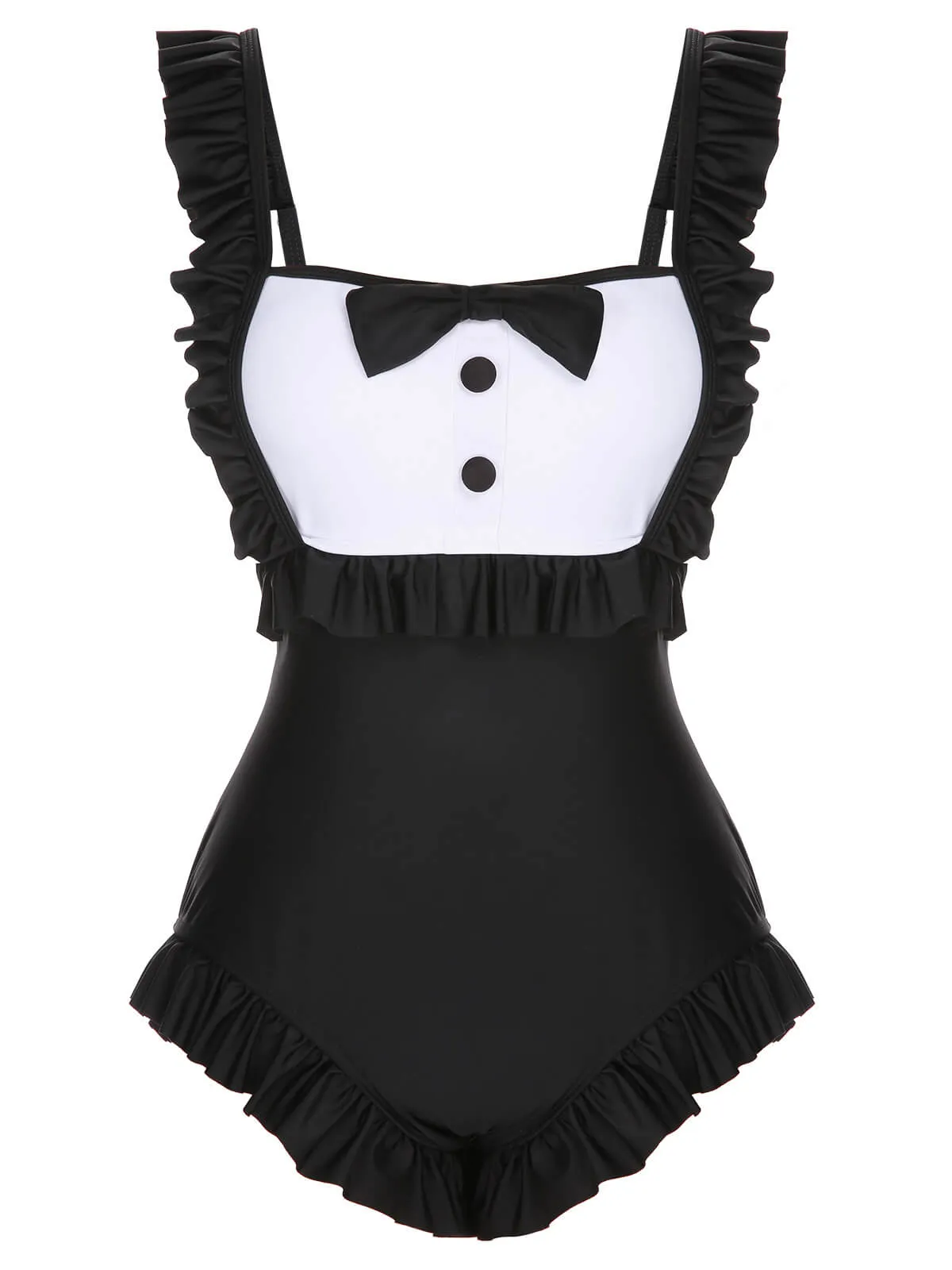 Black 1960s Tuxedo Ruffle Strap Swimsuit sold by Retro Stage product image thumbnail 2