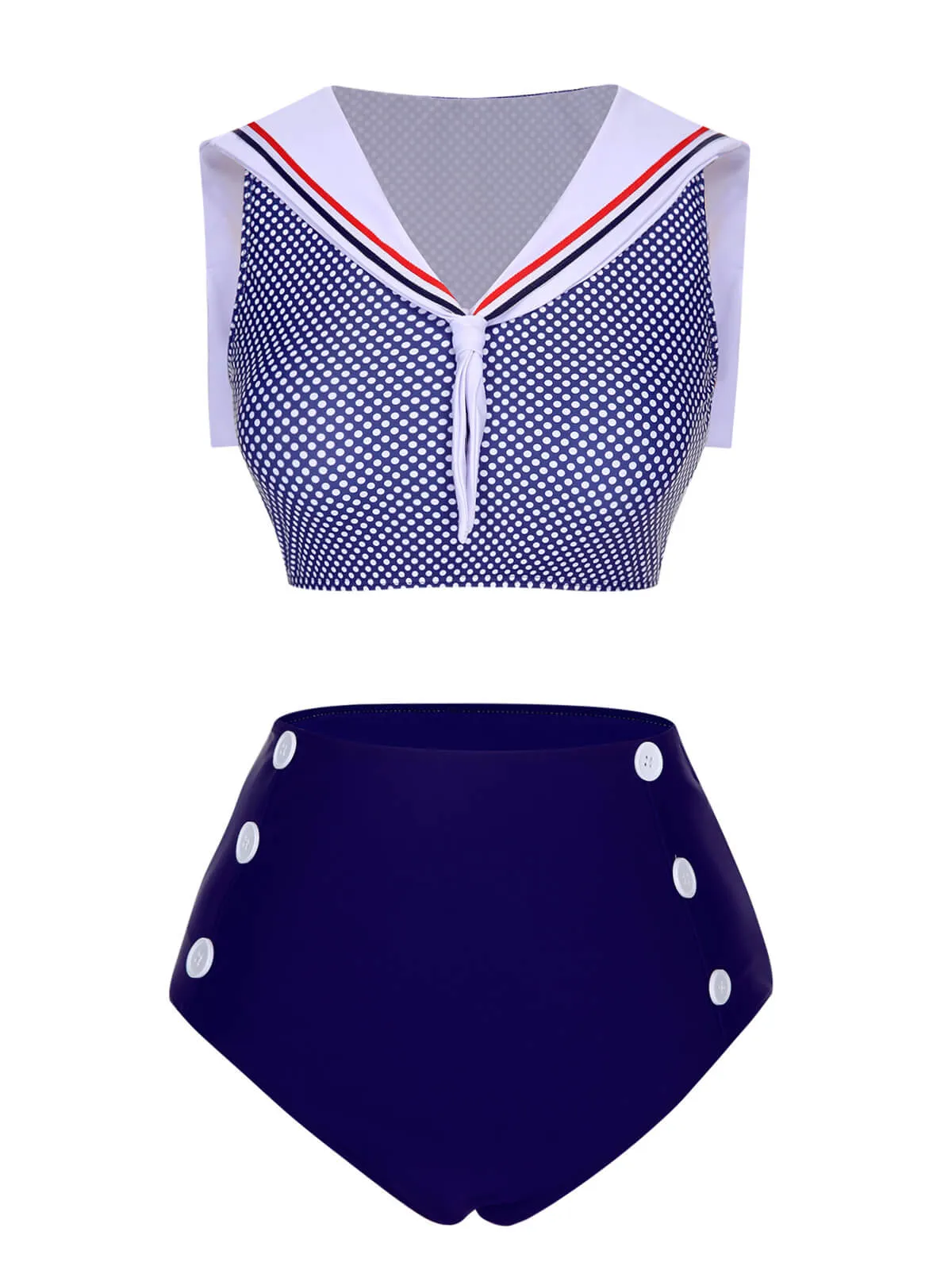 Dark Blue 1940s Dots Sailor Collar Swimsuit sold by Retro Stage product image thumbnail 2