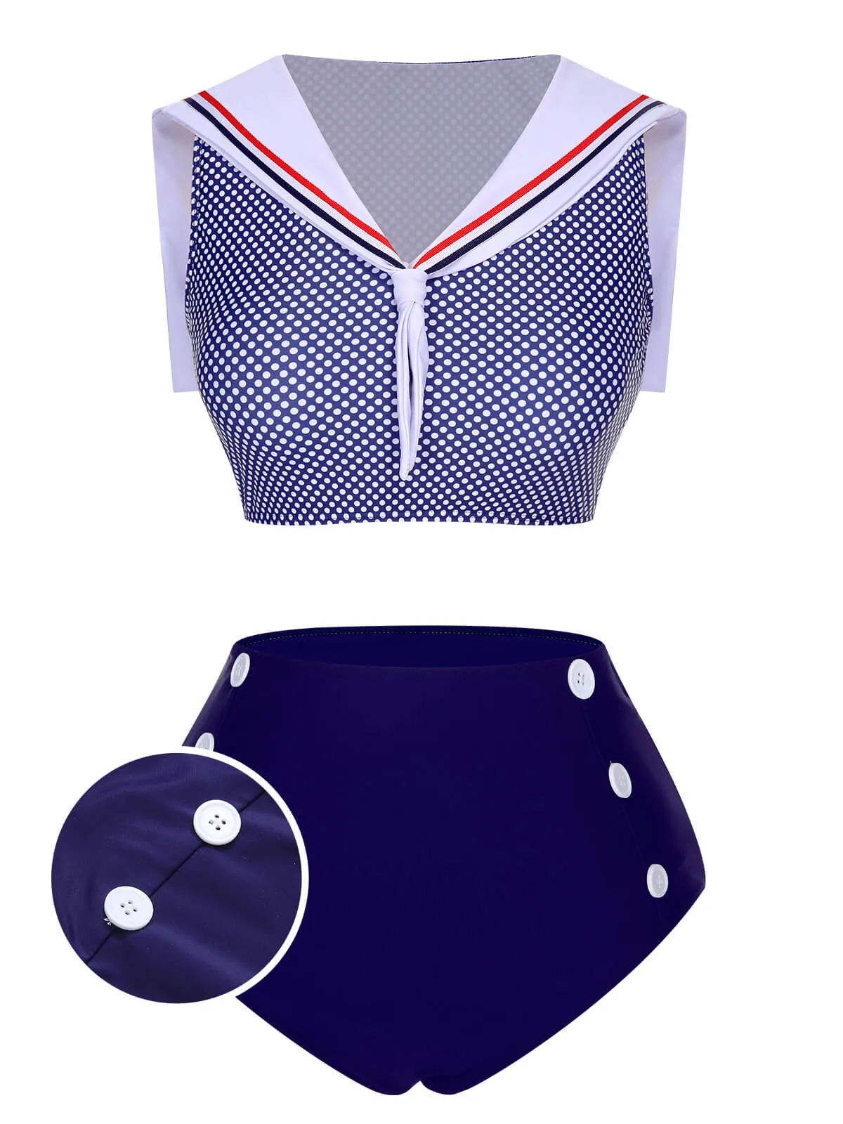 Dark Blue 1940s Dots Sailor Collar Swimsuit sold by Retro Stage
