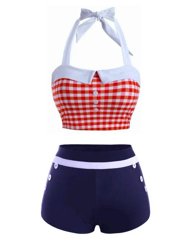 Red Plaid Halter Turndown Collar Swimsuit sold by Retro Stage