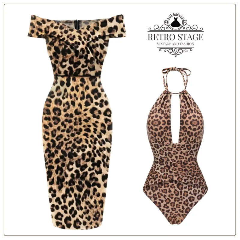 1960s Off-shoulder Leopard Pencil Dress sold by Retro Stage