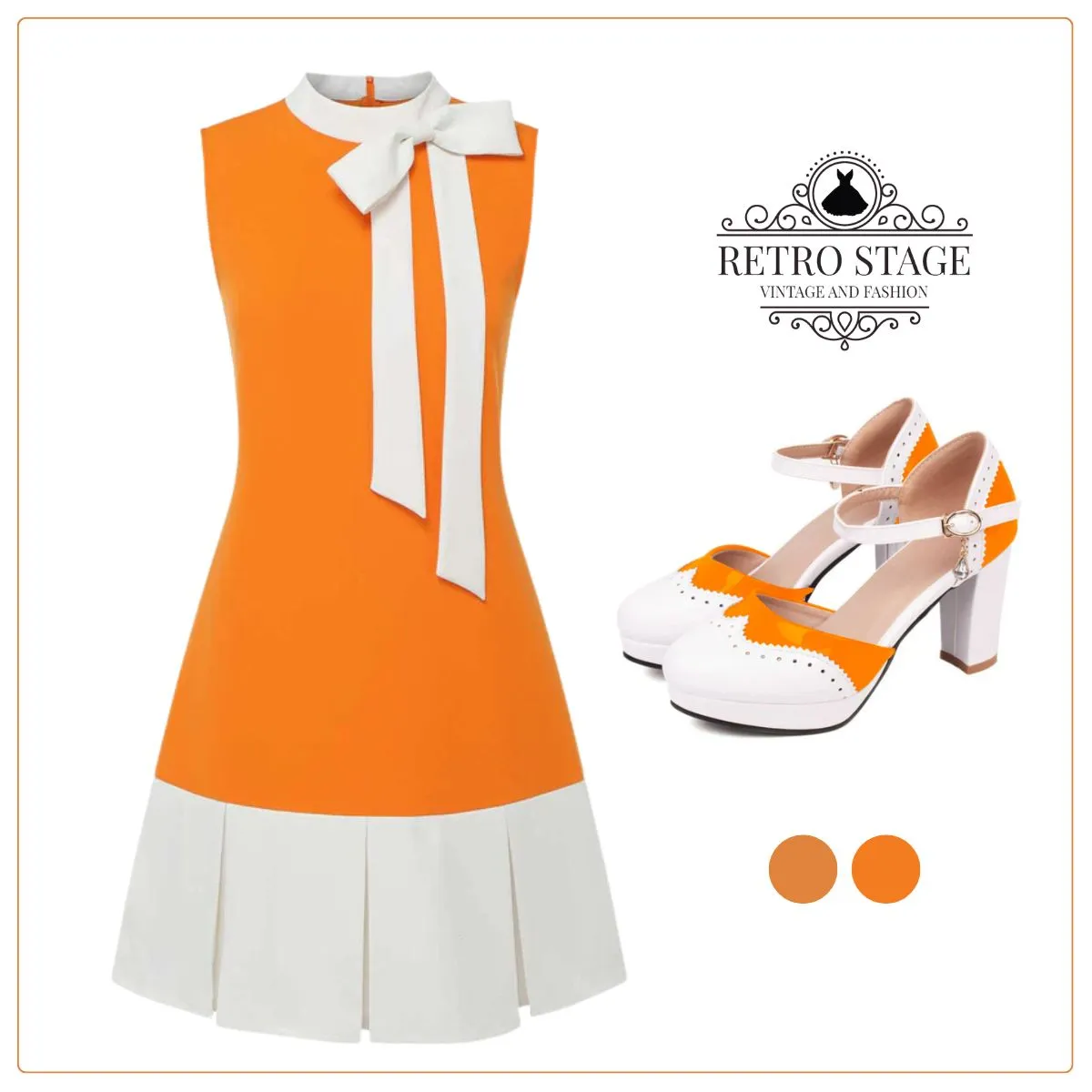 Orange 1960s Crew Bowknot Sleeveless Dress sold by Retro Stage