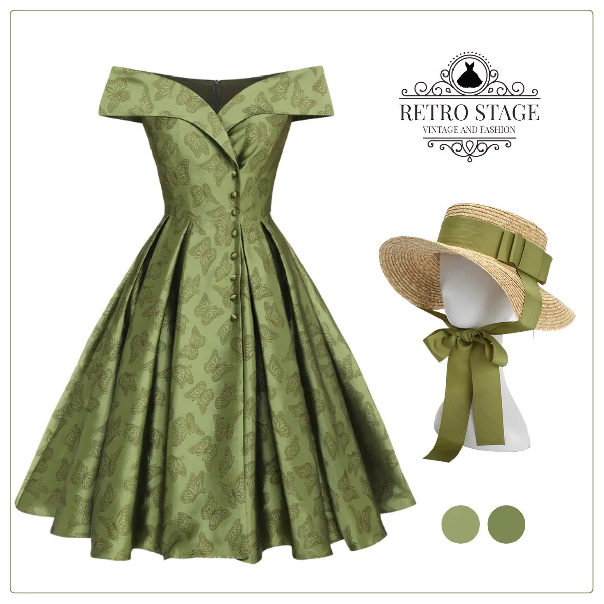 Green 1950s Off-Shoulder Vintage Dress sold by Retro Stage