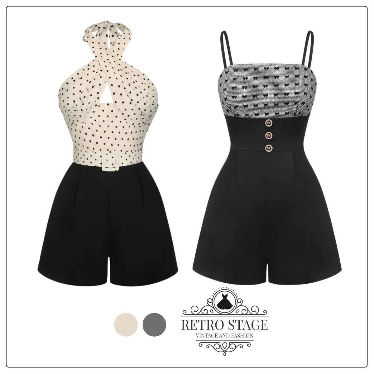 Beige 1950s 3D Heart Halter Patchwork Romper sold by Retro Stage