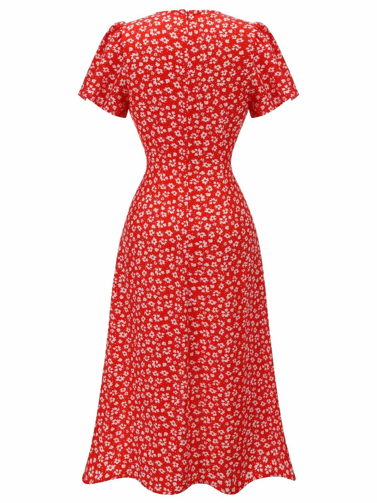 Red 1940s Floral V-Neck Added Button Dress sold by Retro Stage product image thumbnail 3
