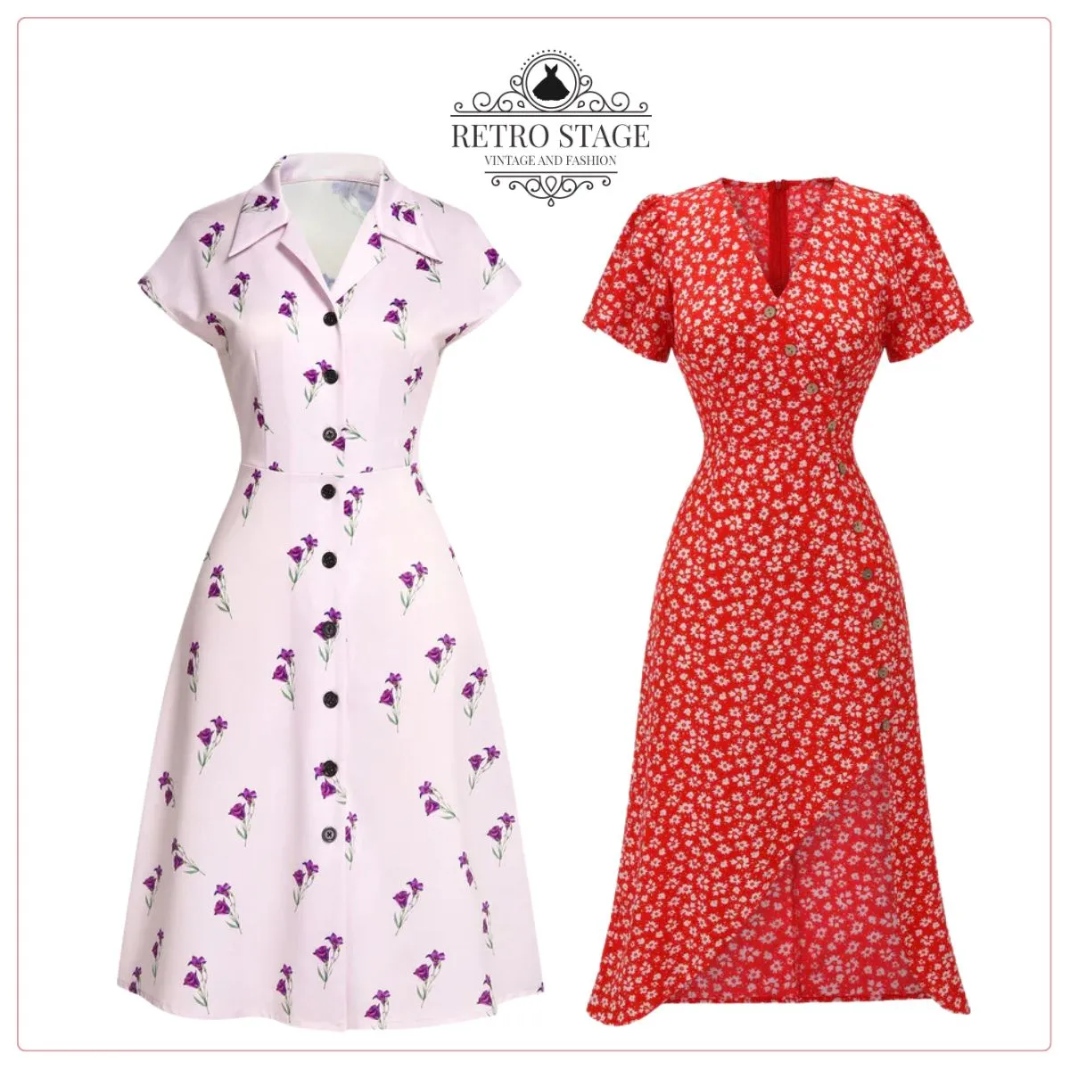 Red 1940s Floral V-Neck Added Button Dress sold by Retro Stage