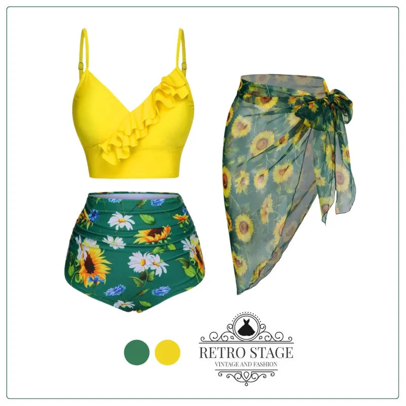 2PCS Yellow 1950s Sunflower Ruffles V-Neck Swimsuit sold by Retro Stage
