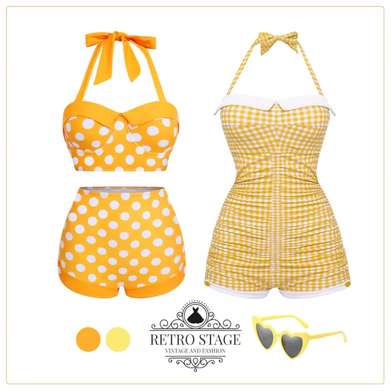 Yellow 1950s Polka Dots Halter Bikini Set sold by Retro Stage