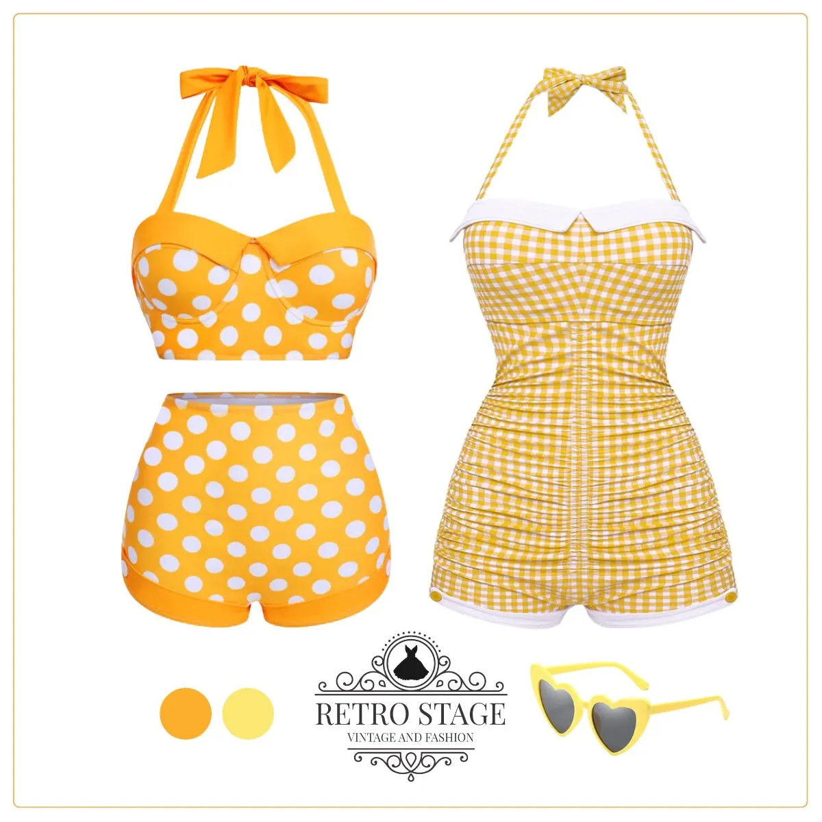 Yellow 1950s Polka Dots Halter Bikini Set sold by Retro Stage