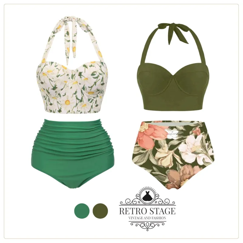 Olive 1950s Lace-Up Halter Flowers Bikini Set sold by Retro Stage