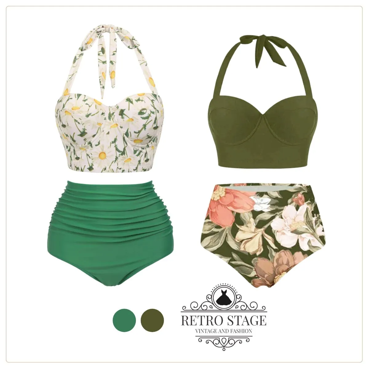 Olive 1950s Lace-Up Halter Flowers Bikini Set sold by Retro Stage