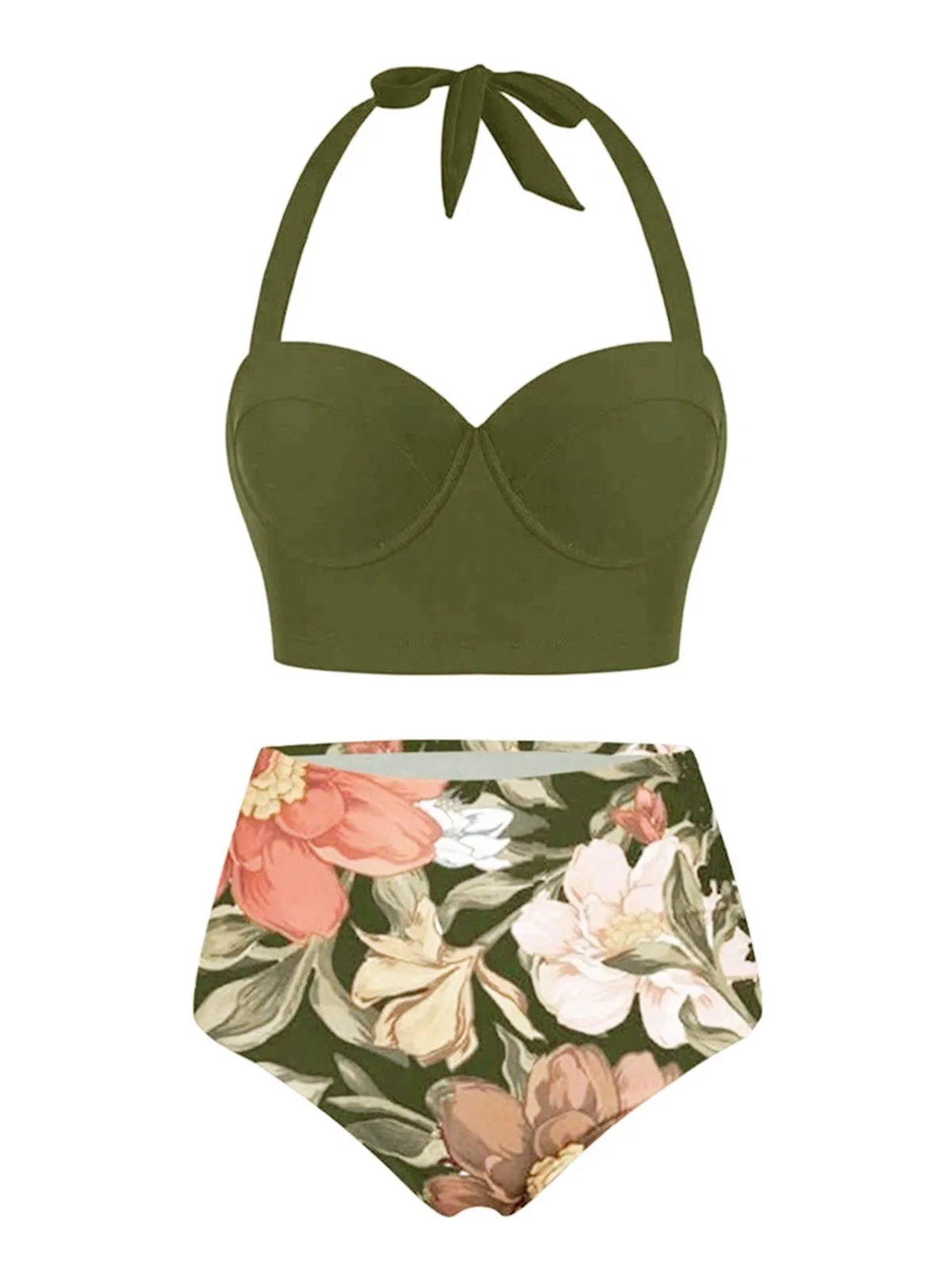 Olive 1950s Lace-Up Halter Flowers Bikini Set sold by Retro Stage product image thumbnail 2