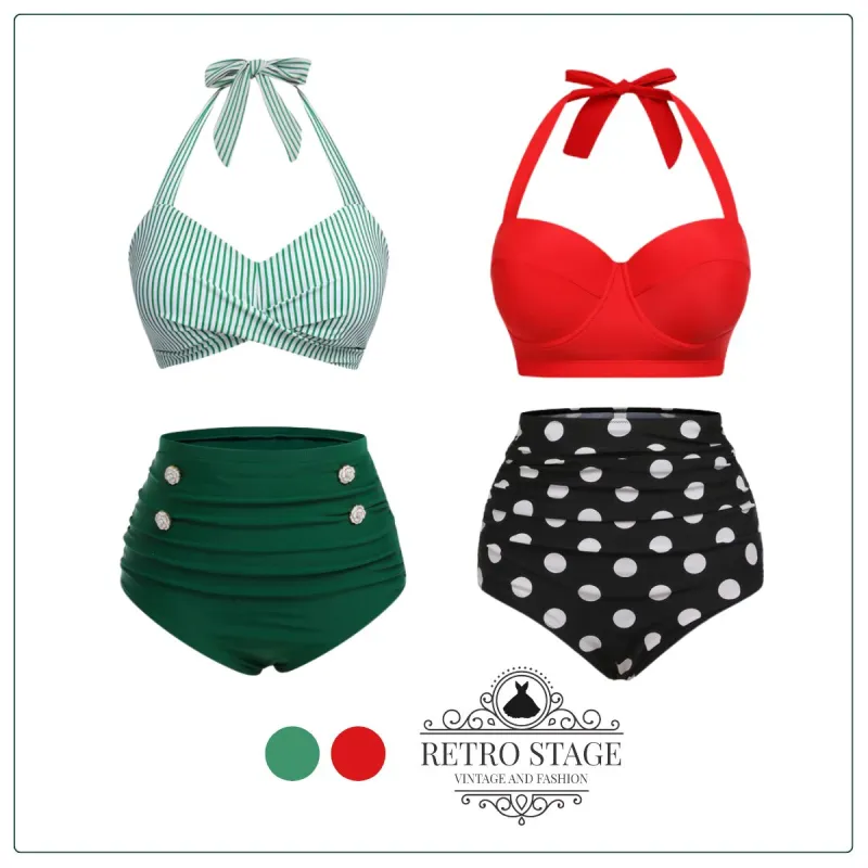 Green 1940s Striped Halter Swimsuit Set sold by Retro Stage