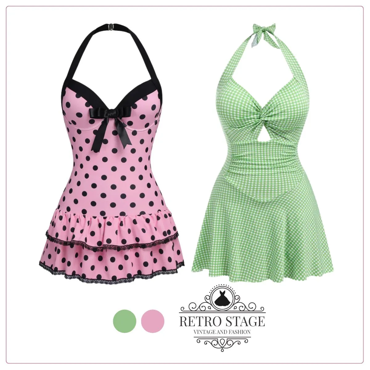 Pink 1940s Halter Polka Dots Bow One-Piece Swimsuit sold by Retro Stage