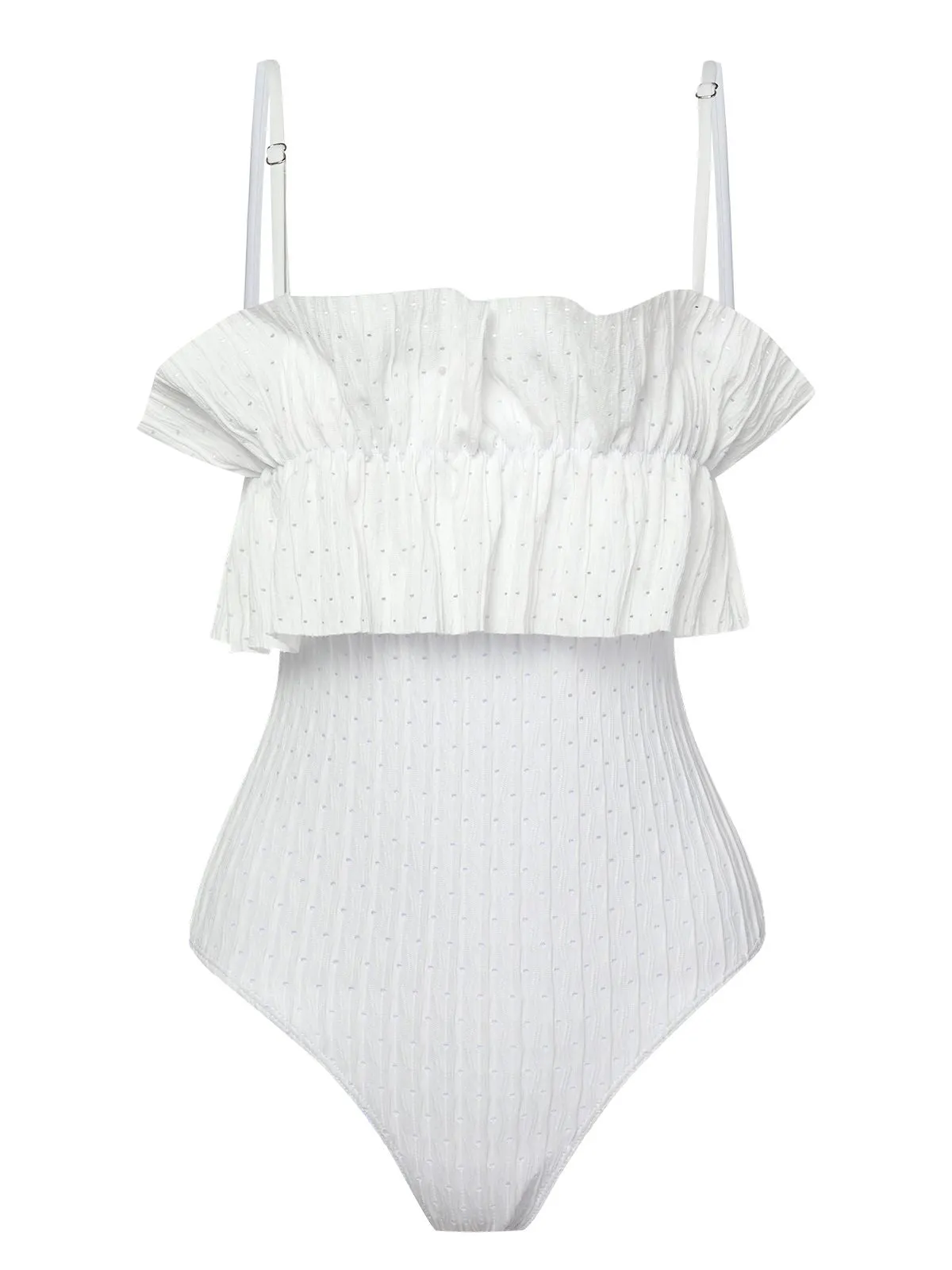 White 1970s Solid Ruffles Bandeau Swimsuit sold by Retro Stage