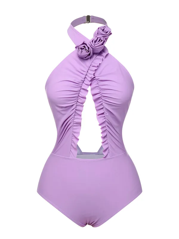 Lavender 1940s 3D Flowers Halter One-Piece Swimsuit sold by Retro Stage