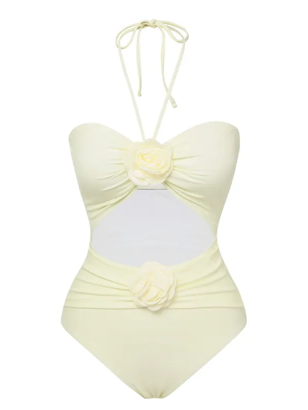 Beige 1930s 3D Flowers Halter One-Piece Swimsuit sold by Retro Stage