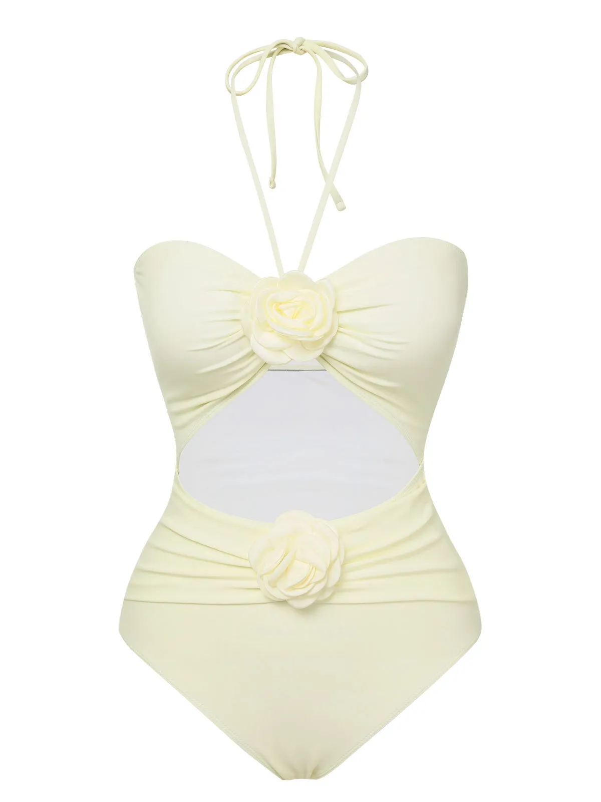 Beige 1930s 3D Flowers Halter One-Piece Swimsuit sold by Retro Stage