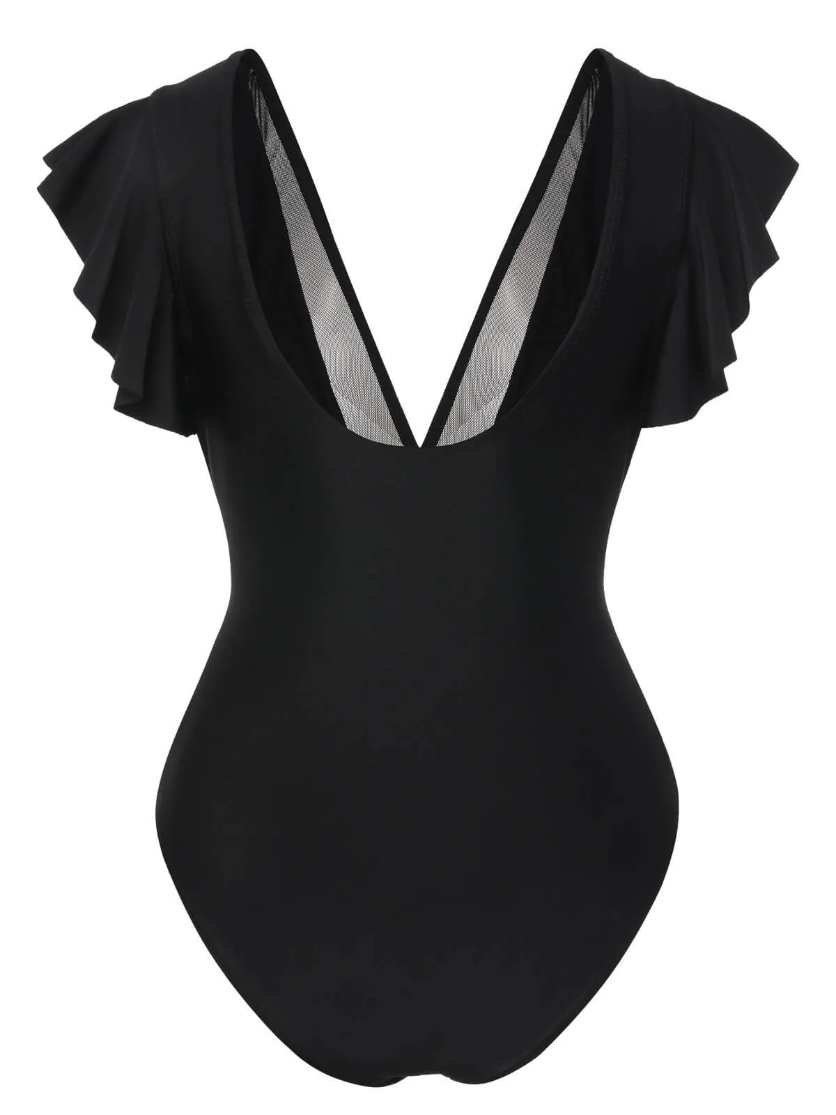 Black 1950s Solid Ruffle Sleeve One-Piece Swimsuit sold by Retro Stage product image thumbnail 3