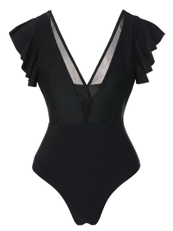 Black 1950s Solid Ruffle Sleeve One-Piece Swimsuit sold by Retro Stage