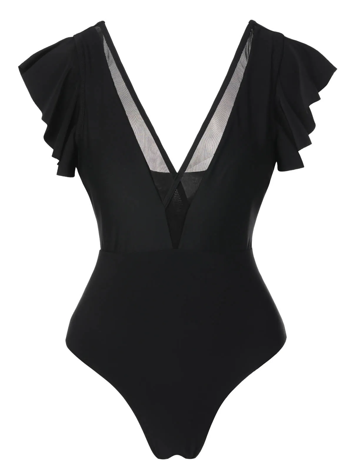 Black 1950s Solid Ruffle Sleeve One-Piece Swimsuit sold by Retro Stage