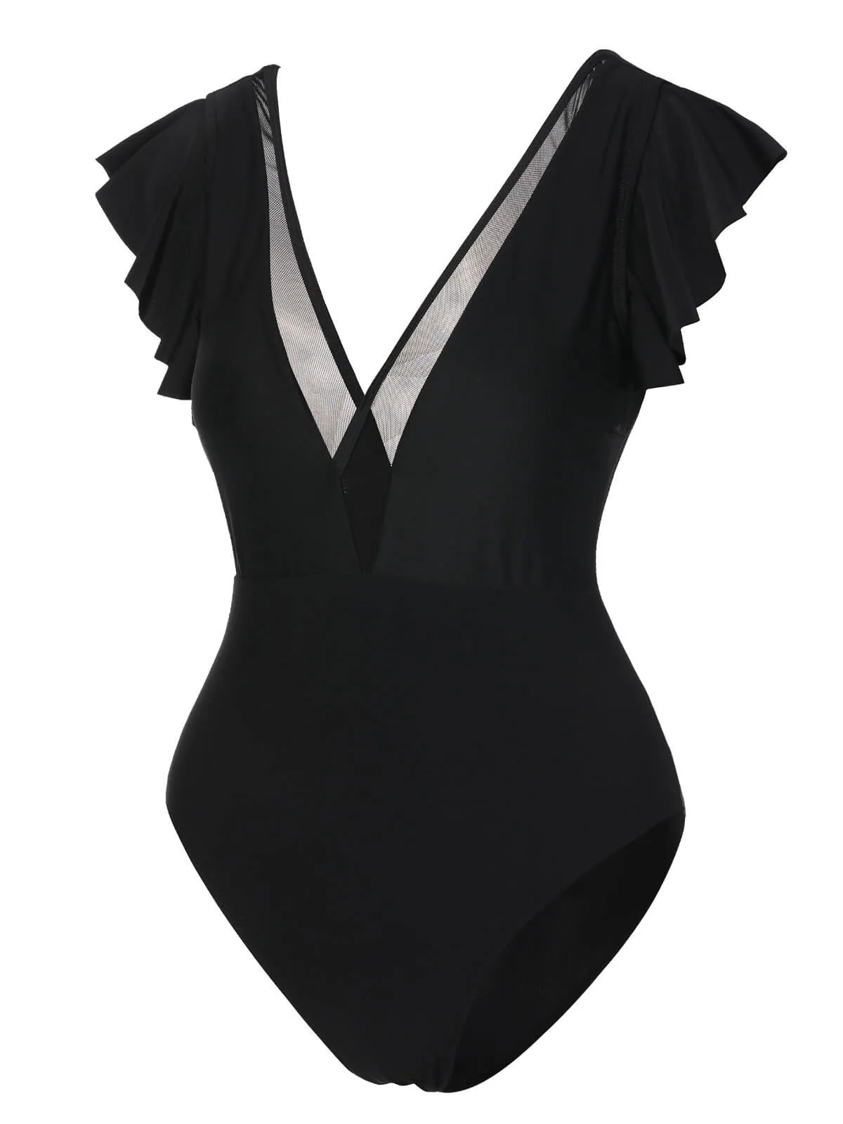 Black 1950s Solid Ruffle Sleeve One-Piece Swimsuit sold by Retro Stage product image thumbnail 2