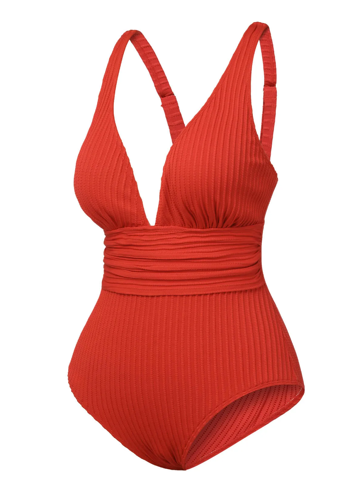 Red 1950s Solid Deep V One-Piece Swimsuit sold by Retro Stage product image thumbnail 2