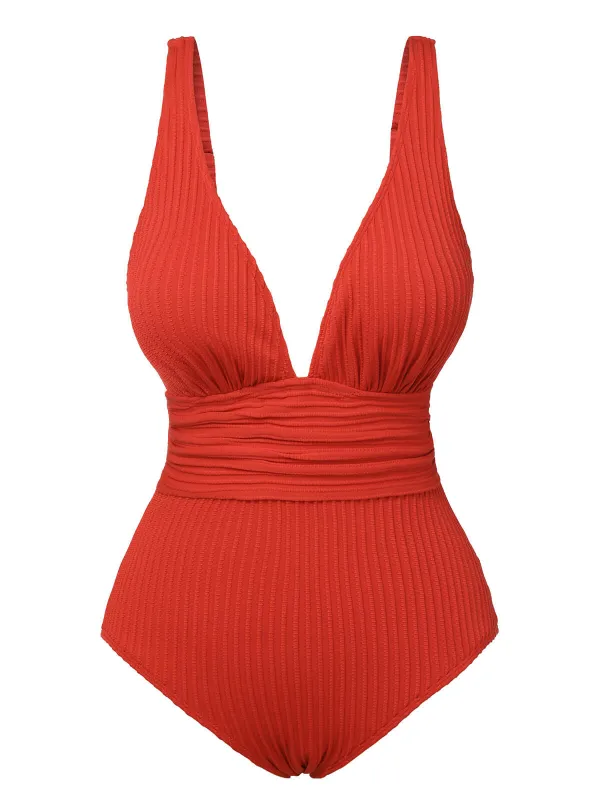 Red 1950s Solid Deep V One-Piece Swimsuit sold by Retro Stage