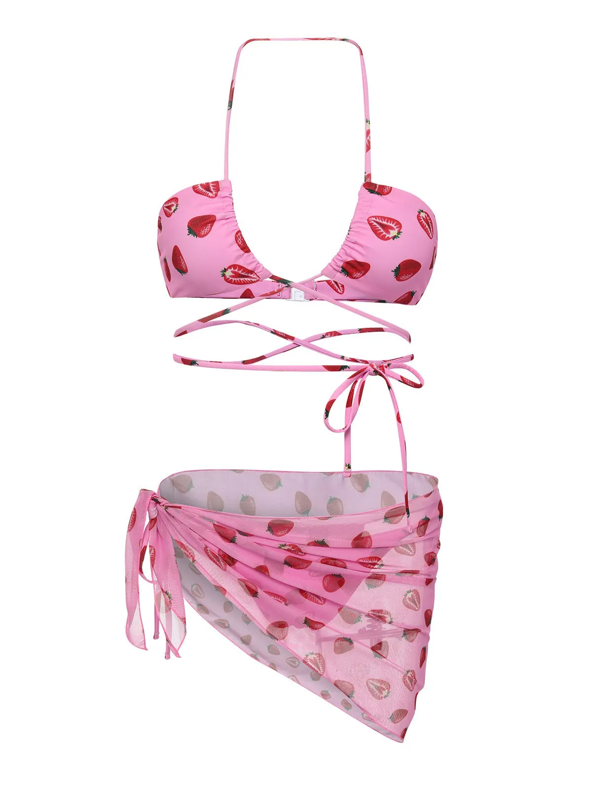 Pink 1950s Strawberry Waist Tie Halter Bikini Set sold by Retro Stage