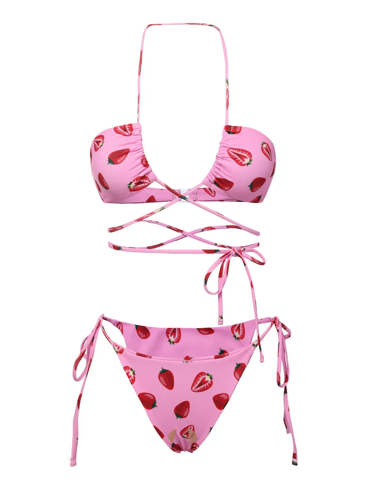 Pink 1950s Strawberry Waist Tie Halter Bikini Set sold by Retro Stage product image thumbnail 2