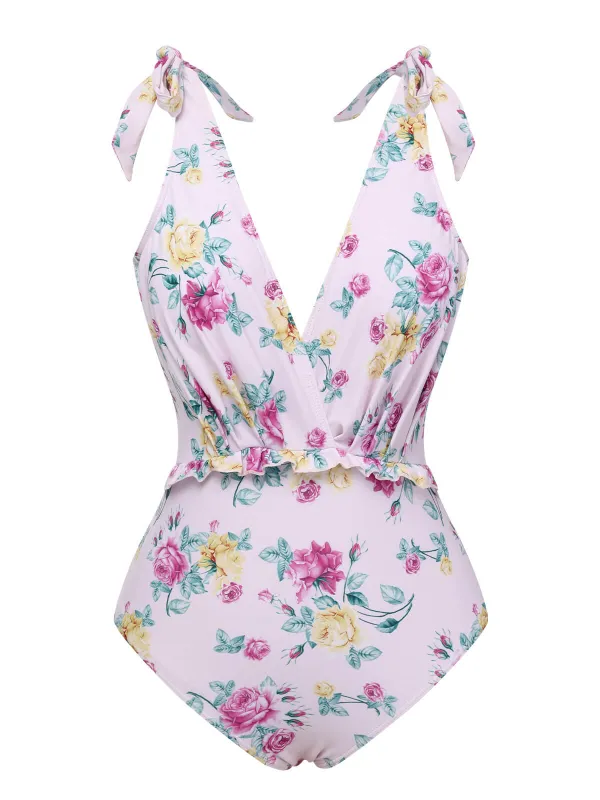 Lavender 1940s Floral Shoulder Tie Swimsuit sold by Retro Stage